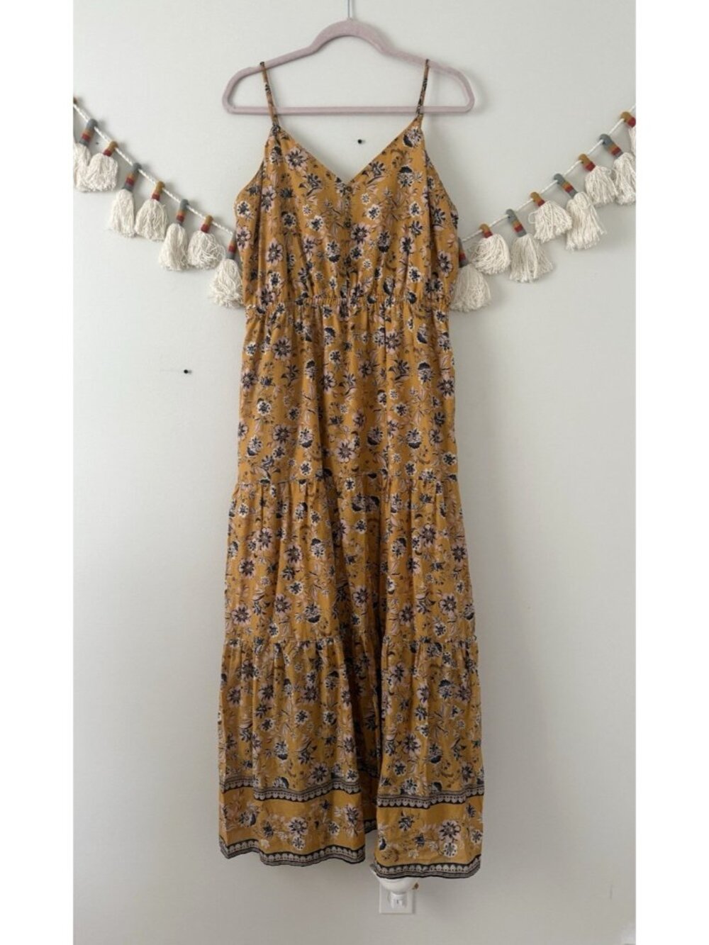 Evereve Yellow Paisley Button Front Tiered Maxi Dress Feminine Beachy Peasant XL